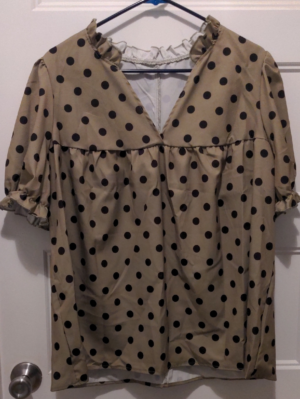 SHEIN Polka Dot Ruffle V-Neck Blouse Tan 2XL